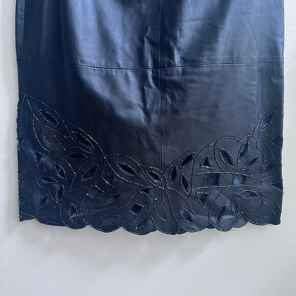 Women's Black Genuine Leather Cut Out Beaded Knee-Length Pencil Skirt Size Large - Picture 3 of 7